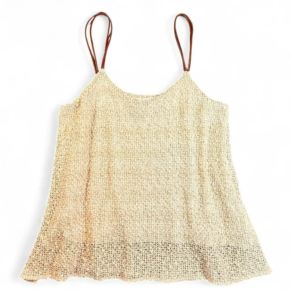 Deletta‎ Anthropologie Crochet Metallic Cami Top Beige Gold Large Strappy Boho